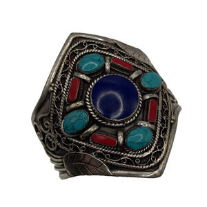 Turquoise and Red Coral cuff bracelet Southwest Cluster cabochon 8.5" big